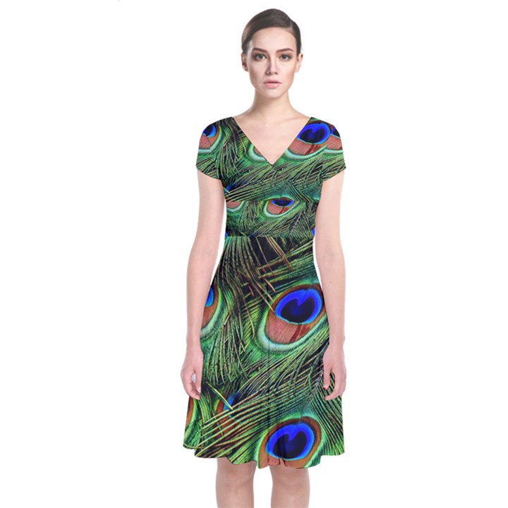 Peacock Feathers Short Sleeve Front Wrap Dress