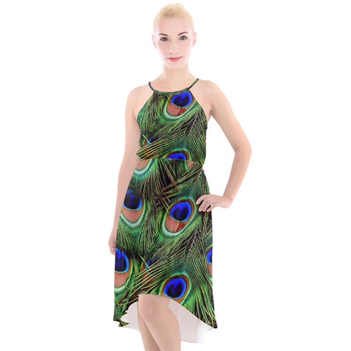 Peacock Feathers High-Low Halter Chiffon Dress 