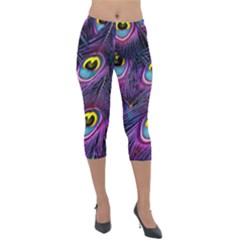 Peacock Feathers Purple Lightweight Velour Capri Leggings 