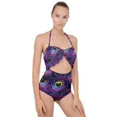 Peacock Feathers Purple Scallop Top Cut Out Swimsuit