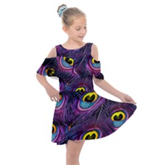 Peacock Feathers Purple Kids  Shoulder Cutout Chiffon Dress