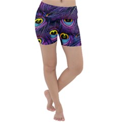 Peacock Feathers Purple Lightweight Velour Yoga Shorts