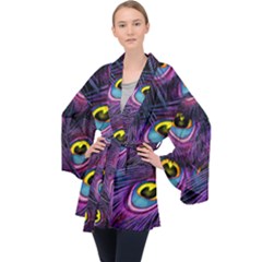 Peacock Feathers Purple Velvet Kimono Robe