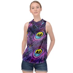 Peacock Feathers Purple High Neck Satin Top