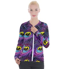 Peacock Feathers Purple Casual Zip Up Jacket