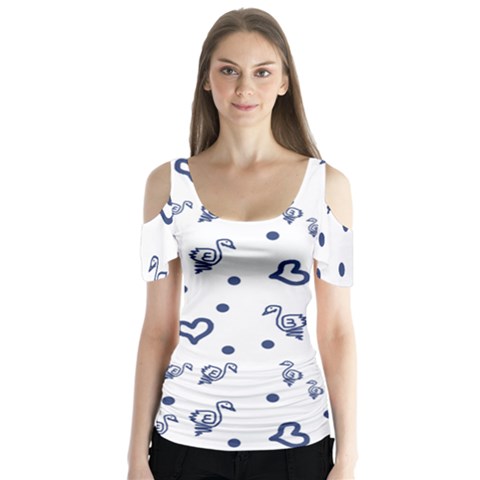 Duck Family Blue Pattern Butterfly Sleeve Cutout Tee  by snowwhitegirl