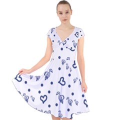 Duck Family Blue Pattern Cap Sleeve Front Wrap Midi Dress