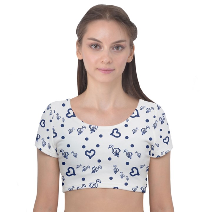 Duck Family Blue Pattern Velvet Short Sleeve Crop Top 