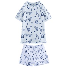 Duck Family Blue Pattern Kids  Swim Tee And Shorts Set