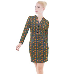 Mandarins Teal Blue Button Long Sleeve Dress