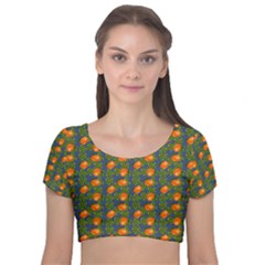 Mandarins Teal Blue Velvet Short Sleeve Crop Top 