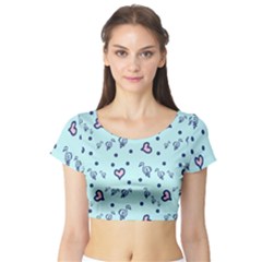 Duck Family Blue Pink Hearts Pattern Short Sleeve Crop Top by snowwhitegirl