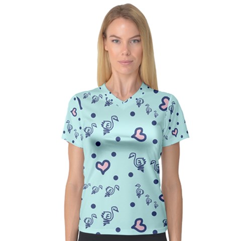 Duck Family Blue Pink Hearts Pattern V-neck Sport Mesh Tee by snowwhitegirl