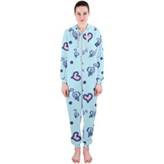 Duck Family Blue Pink Hearts Pattern Hooded Jumpsuit (ladies)  by snowwhitegirl