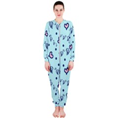 Duck Family Blue Pink Hearts Pattern Onepiece Jumpsuit (ladies)  by snowwhitegirl