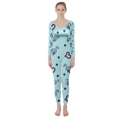 Duck Family Blue Pink Hearts Pattern Long Sleeve Catsuit by snowwhitegirl