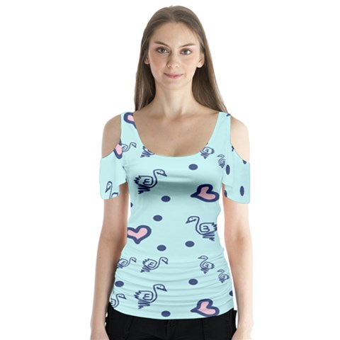 Duck Family Blue Pink Hearts Pattern Butterfly Sleeve Cutout Tee  by snowwhitegirl