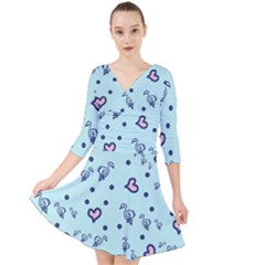 Duck Family Blue Pink Hearts Pattern Quarter Sleeve Front Wrap Dress