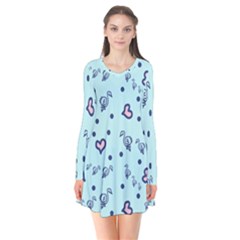 Duck Family Blue Pink Hearts Pattern Long Sleeve V-neck Flare Dress