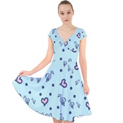 Duck Family Blue Pink Hearts Pattern Cap Sleeve Front Wrap Midi Dress