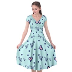 Duck Family Blue Pink Hearts Pattern Cap Sleeve Wrap Front Dress by snowwhitegirl