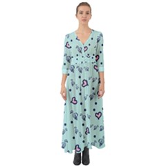 Duck Family Blue Pink Hearts Pattern Button Up Boho Maxi Dress