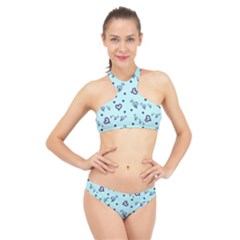 Duck Family Blue Pink Hearts Pattern High Neck Bikini Set by snowwhitegirl