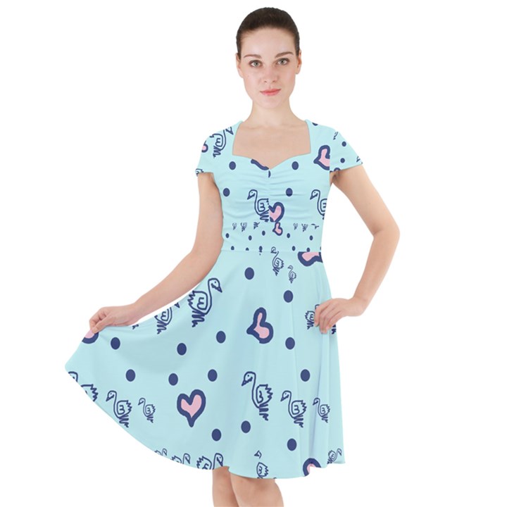 Duck Family Blue Pink Hearts Pattern Cap Sleeve Midi Dress