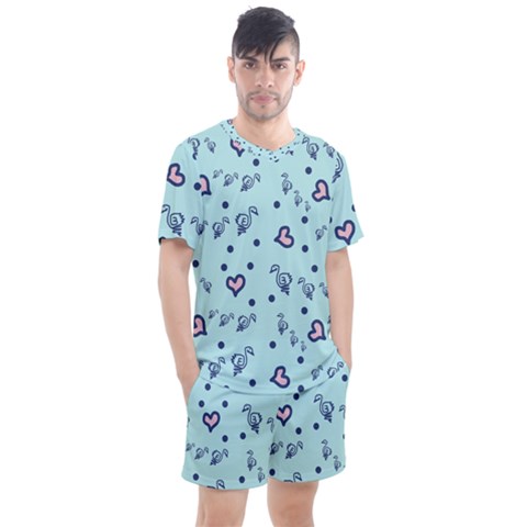 Duck Family Blue Pink Hearts Pattern Men s Mesh Tee And Shorts Set by snowwhitegirl