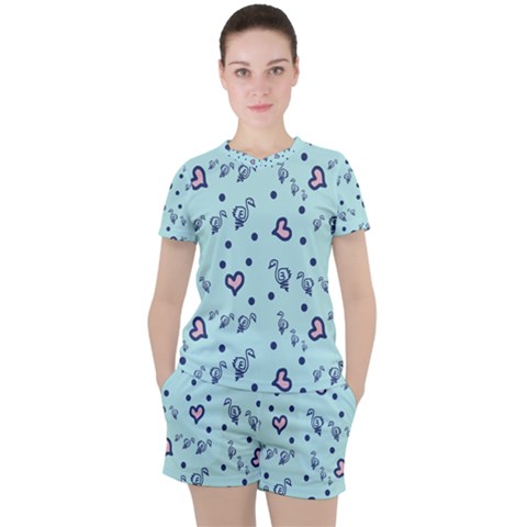 Duck Family Blue Pink Hearts Pattern Women s Tee And Shorts Set by snowwhitegirl