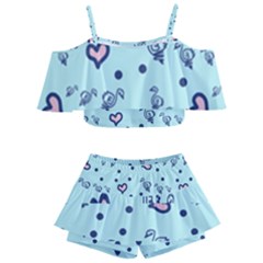 Duck Family Blue Pink Hearts Pattern Kids  Off Shoulder Skirt Bikini