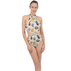 Sea World Vintage Pattern Halter Side Cut Swimsuit