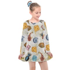 Sea World Vintage Pattern Kids  Long Sleeve Dress