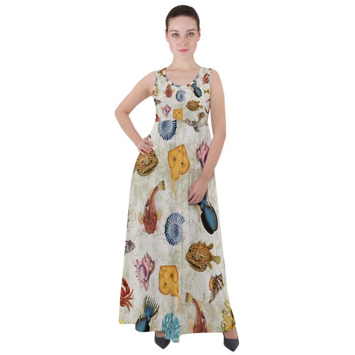 Sea World Vintage Pattern Empire Waist Velour Maxi Dress