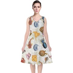 Sea World Vintage Pattern V-neck Midi Sleeveless Dress  by Valentinaart