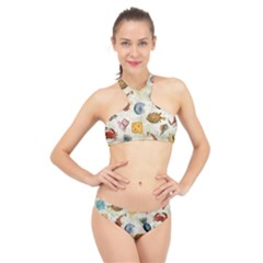 Sea World Vintage Pattern High Neck Bikini Set