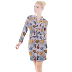 Sea World Vintage Pattern Button Long Sleeve Dress