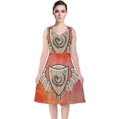 Wonderful Dragon On A Shield With Wings V-neck Midi Sleeveless Dress  by FantasyWorld7