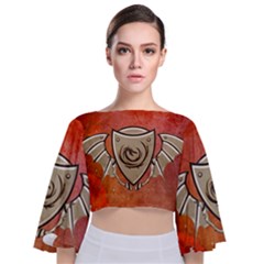 Wonderful Dragon On A Shield With Wings Tie Back Butterfly Sleeve Chiffon Top