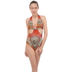 Wonderful Dragon On A Shield With Wings Halter Front Plunge Swimsuit by FantasyWorld7