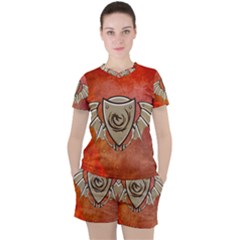 Wonderful Dragon On A Shield With Wings Women s Tee And Shorts Set