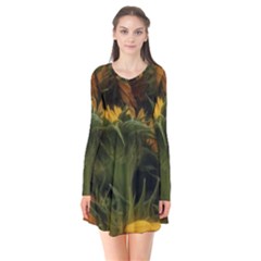 Bunch Of Sunflowers Long Sleeve V-neck Flare Dress by okhismakingart