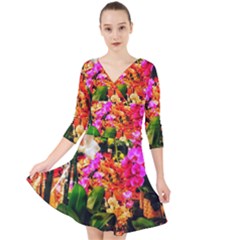 Orchids In The Market Quarter Sleeve Front Wrap Dress by okhismakingart