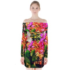 Orchids In The Market Long Sleeve Off Shoulder Dress by okhismakingart