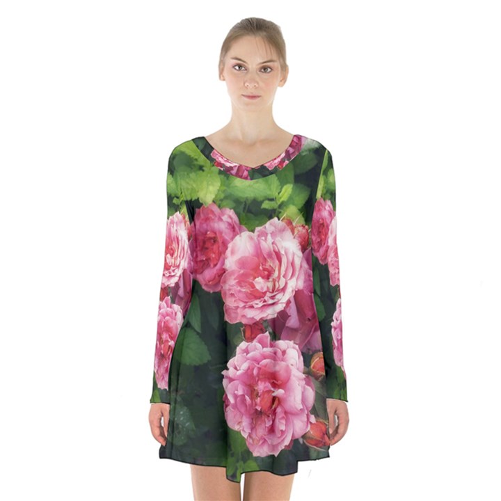 Summer Roses Long Sleeve Velvet V-neck Dress