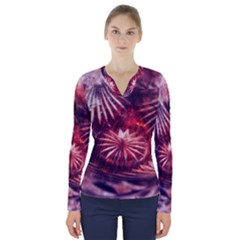 Faded Crystal Flower V-neck Long Sleeve Top by okhismakingart