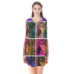 Sideways Sumac Collage Long Sleeve V-neck Flare Dress by okhismakingart