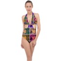 Sideways Sumac Collage Halter Front Plunge Swimsuit View1