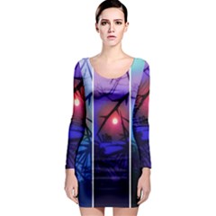 Moon And Locust Tree Collage Long Sleeve Bodycon Dress by okhismakingart