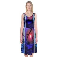 Moon And Locust Tree Collage Midi Sleeveless Dress by okhismakingart